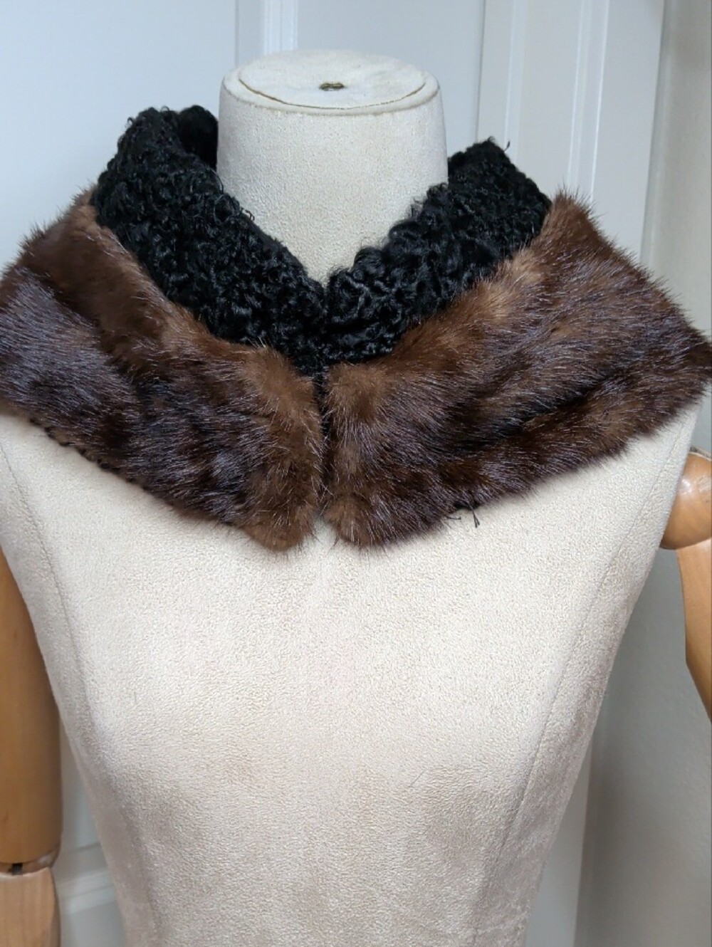 Vintage 60s Persian Lamb & Mink fur Collar Black Brown Reversible Elegant MCM